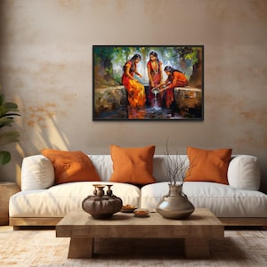 Indian Wall Art, Indian Women At The Well Oil Painting Canvas PRINT, Traditional Asian Art,  Framed Or Unframed Ready To Hang