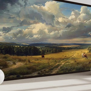 a serene countryside landscape with rolling hills, a winding dirt path, and a cow grazing in the distance. The sky is filled with clouds, creating a dramatic backdrop for the pastoral scene. Two white vases are placed on either side of the painting, adding a touch of elegance to the composition.