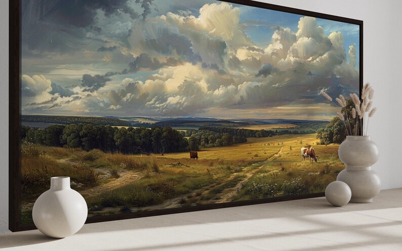 a serene countryside landscape with rolling hills, a winding dirt path, and a cow grazing in the distance. The sky is filled with clouds, creating a dramatic backdrop for the pastoral scene. Two white vases are placed on either side of the painting, adding a touch of elegance to the composition.