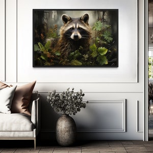 Lodge Decor Cute Raccoon in Forest Painting Canvas Print, Raccoon Wall Art, Cabin Wall Decor, Retro Wildlife Decor Ready To Hang
