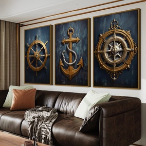 Nautical Wall Art Set of Three Maritime Prints Navy Blue Gold Coastal ...
