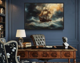 Pirate Ship In Storm Antique Style Wall Art, Stormy Ocean Painting Canvas Print, Nautical Wall Decor, Man Cave Artwork Ready To Hang
