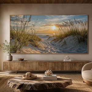 Seascape Painting, Ocean Beach With Sand Dunes Coastal Wall Art, Beach Grass Sunset Artwork Canvas Print Framed Ready To Hang image 15