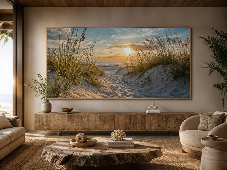 Seascape Painting, Ocean Beach With Sand Dunes Coastal Wall Art, Beach Grass Sunset Artwork Canvas Print Framed Ready To Hang image 15