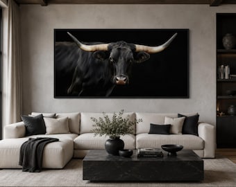 Black Texas Longhorn Cow Extra Large Wall Art - Farmhouse, Living Room Art - Realistic Longhorn Photo Style Framed Ready To Hang