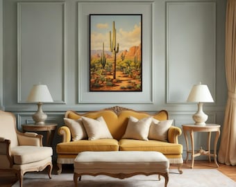 Saguaro Cactus Painting, Sonoran Desert Arizona Vertical Canvas Print - Southwestern Landscape Wall Art Framed Unframed Ready To Hang