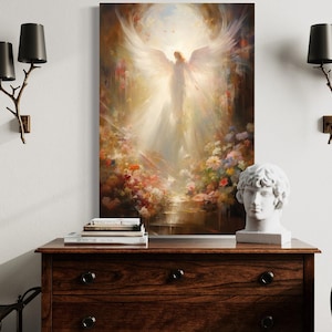 Angel Painting, Angel in Heaven With Heavenly Light Wall Art, Christian Religious Spiritual Artwork Ready To Hang