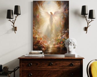 Angel Painting, Angel in Heaven With Heavenly Light Wall Art, Christian Religious Spiritual Artwork Ready To Hang