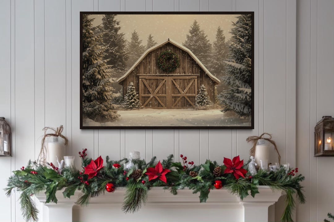 Rustic Christmas Barn Wall Art, Snowy Winter Farmhouse Canvas Print ...