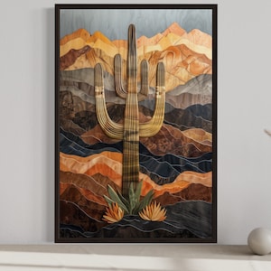 Southwestern Wall Art Saguaro Cactus In The Desert Wood Style Earth Tones Painting Canvas Print Framed Ready To Hang