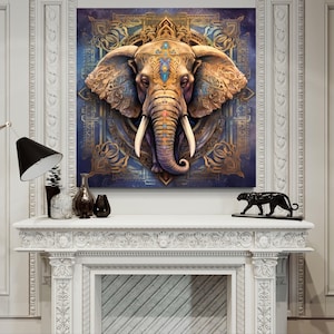 a large, ornate painting of an elephant's head on a wall above a white fireplace. The painting is surrounded by decorative molding and is accompanied by various decorative items, such as a lamp, vases, and a sculpture of a panther.