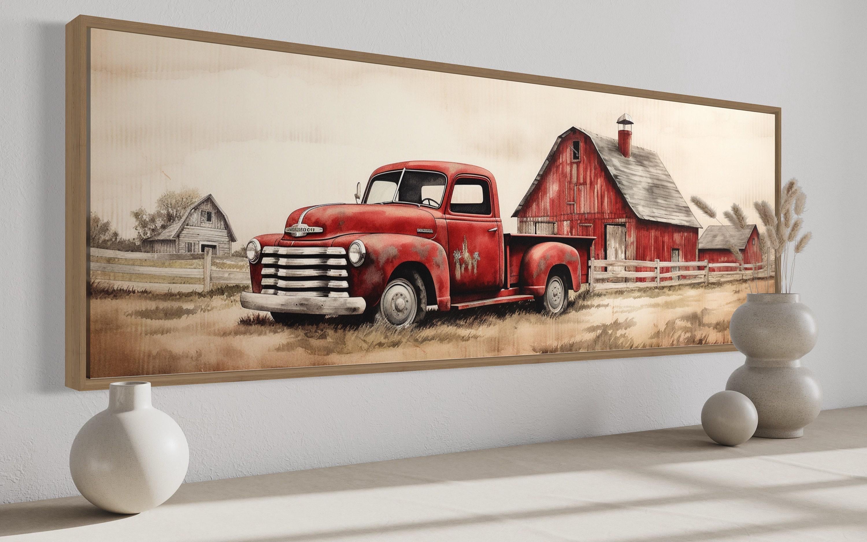 Red Truck and Barn Painting on Wood Long Horizontal Canvas PRINT ...