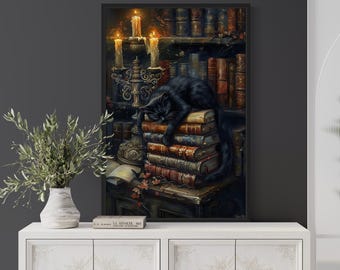 Gothic Halloween Wall Art Vintage Candlelit Books And Black Cat in Mystical Library Dark Academia Painting Canvas PRINT, Ready To Hang