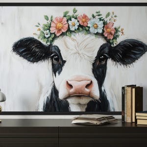 Cow Canvas Wall Art – Farmhouse Cow with Floral Wreath Rustic Country Animal Painting for Living Room or Kitchen Wall Decor