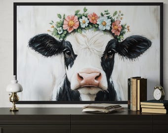 Cow Canvas Wall Art – Farmhouse Cow with Floral Wreath Rustic Country Animal Painting for Living Room or Kitchen Wall Decor