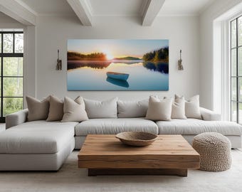 Serene Lake Sunrise Wall Art, Peaceful Boat on Water Landscape Canvas Print for Lake House Or Coastal Living Room Decor Framed Ready To Hang