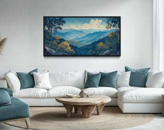 Blue Ridge Mountains Wall Art, Smokey Mountains Painting Canvas PRINT, Blue Nature Living Room Wall Art Framed Ready To Hang