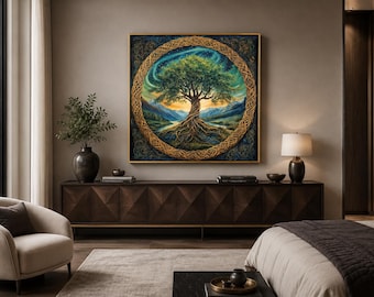 Celtic Tree Of Life With Celtic Knots Wall Art - Celtic Mythology Tree Painting Canvas PRINT, Framed Ready To Hang