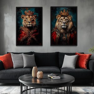 Lion King And Queen Victorian Portrait Set of 2 Wall Art – Royal Couple Animal Decor For Bold Living Room Or Bedroom Framed Ready To Hang