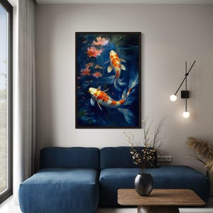a living room with a blue sofa, a wooden coffee table, and a framed painting of two koi fish swimming in a pond with flowers.