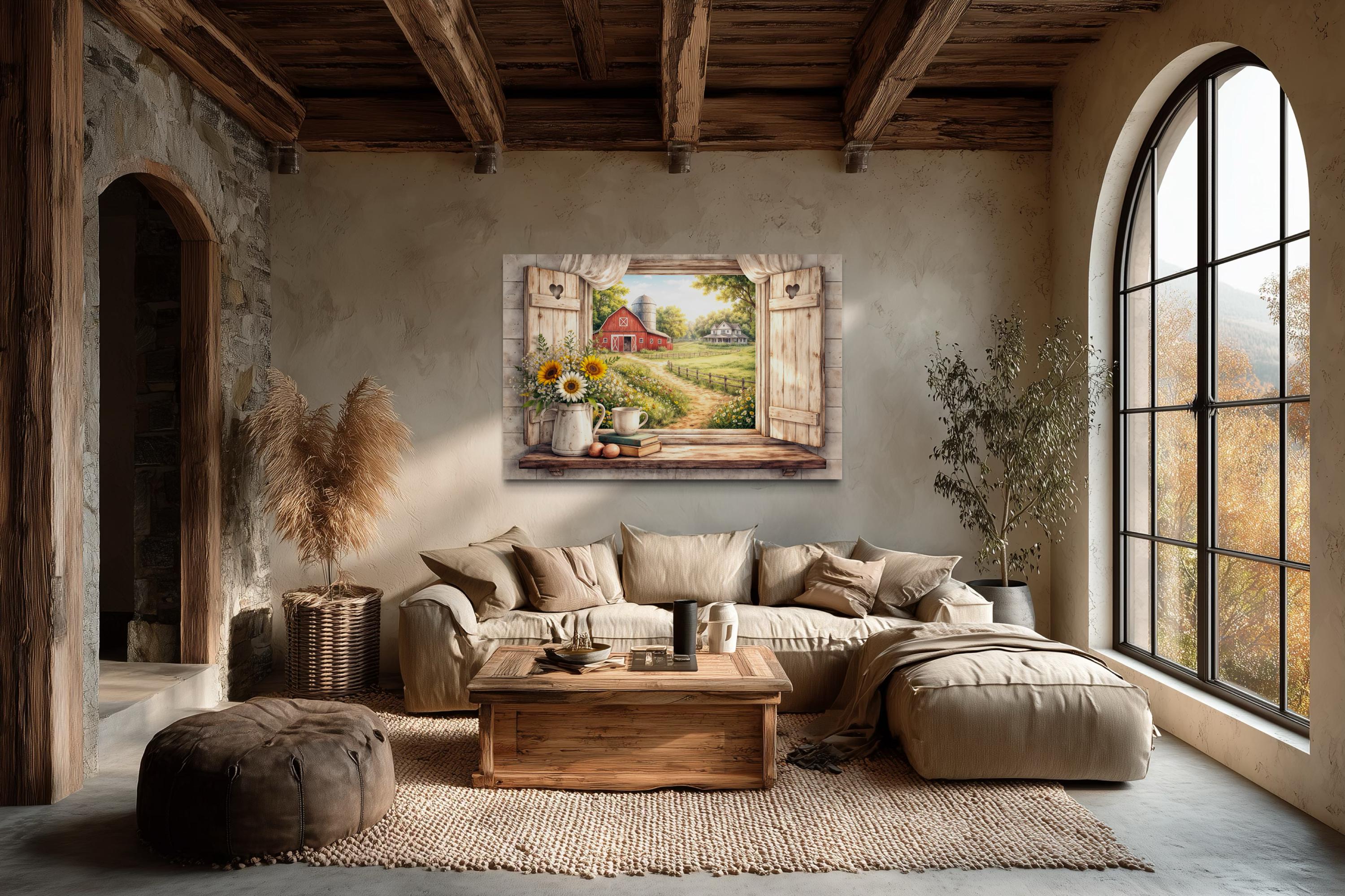 Old Farmhouse Window Wall Art Canvas Print, Cozy Country Barn Landscape