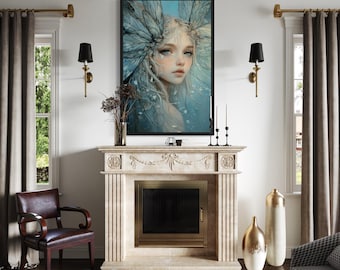 Blue Fairy Fantasy Wall Art, Ethereal Fairy With Wings Painting, Enchanted Woodland Goddess Canvas Print, Framed Ready To Hang