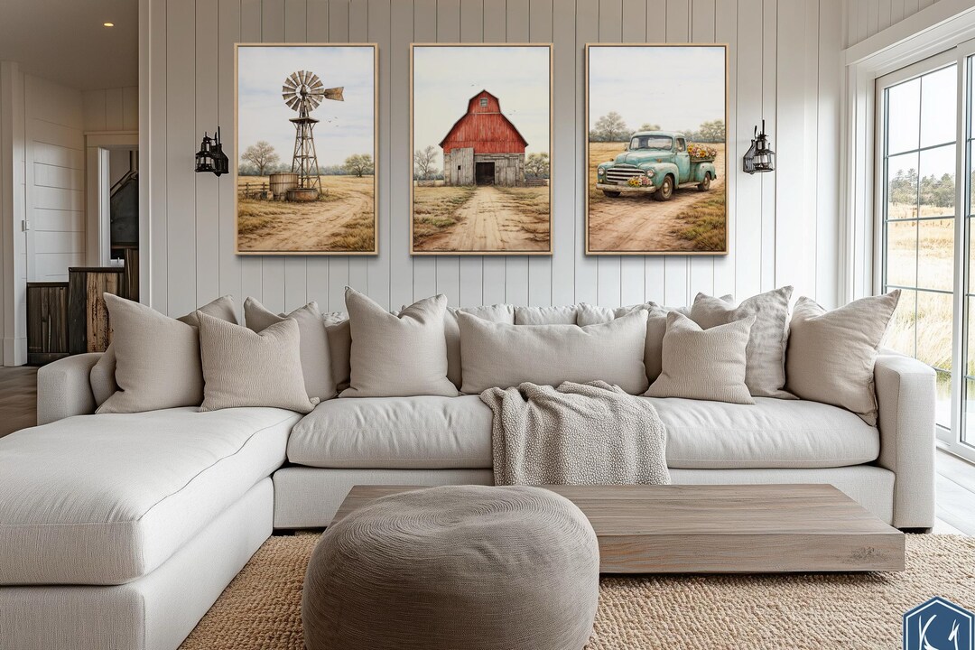 Farmhouse Wall Art Set of 3 Canvas Print, Barn Windmill and Vintage ...