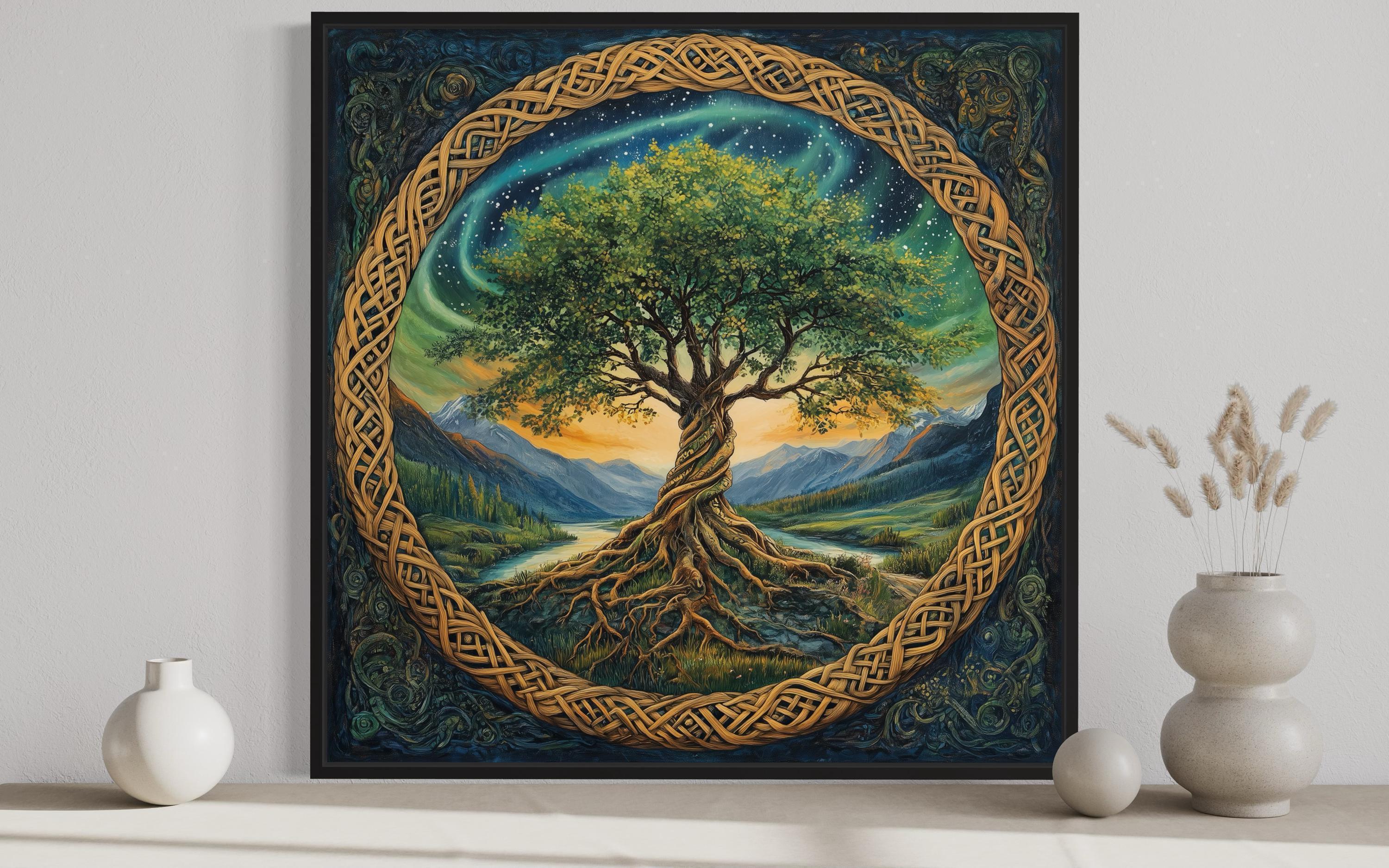 Celtic Tree Of Life With Celtic Knots Wall Art - Celtic Mythology Tree Painting Canvas PRINT, Framed Ready To Hang