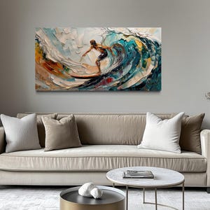 Surfing Wall Art, Abstract Surfer Riding Big Wave Painting Canvas PRINT, Coastal Adventure Art, Ocean Wall Decor Framed Ready To Hang