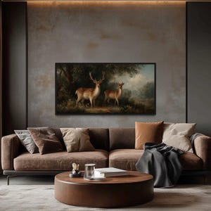 Deer And Doe Canvas Print, Rustic Forest Animal Wall Art, Vintage Nature Scene For Cabin Decor, Buck And Doe Painting Framed Ready To Hang