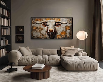 Longhorn Bull Wall Art – Horizontal Western Canvas Print for Ranch, Farmhouse, or Rustic Living Room Decor – Framed and Ready To Hang
