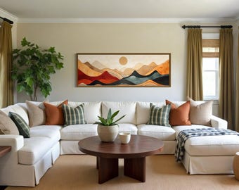 Mid Century Modern Mountain Wall Art Abstract Panoramic Painting Print On Long Horizontal Canvas With or Without Frame Ready To Hang