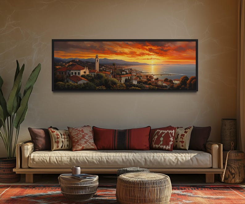 Santa Barbara At Sunrise Retro Painting - Panoramic Canvas Print Wall Art - Santa Barbara Poster - Framed/Unframed Ready To Hang image 6