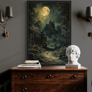 Dark Moonlit Gothic Vampire Castle Painting Canvas PRINT, Halloween Wall Art, Dark Academia Moody Decor Framed Ready To Hang