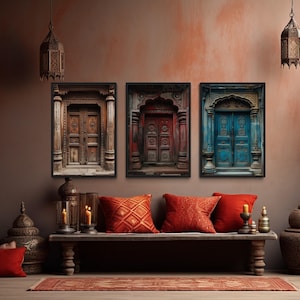 Set Of Three Indian Wall Art, Colorful Indian Doors Painting Canvas PRINT, Traditional Hindu Architecture Wall Decor Ready To Hang