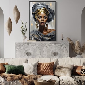 Beautiful African Woman Wall Art, Black Woman Painting Canvas PRINT, African American Wall Decor Framed Ready To Hang
