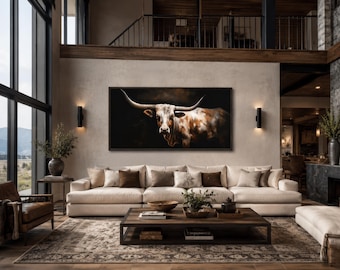 Texas Longhorn Cow Extra Large Wall Art - Farmhouse, Living Room Art - Longhorn Painting Printed On Canvas Framed, Unframed, Ready To Hang