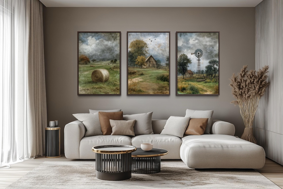 Rustic Farmhouse Wall Decor Set of 3, Neutral Rustic Farm Landscape ...