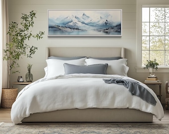 Blue Minimalist Mountains Canvas Wall Art, Long Horizontal Mountain Landscape Painting For Bedroom, Calm Nature Decor Framed Ready To Hang