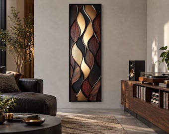 May include: A tall, rectangular wall art piece featuring a vertical arrangement of layered, undulating shapes in dark wood, black, and metallic gold finishes, all enclosed within a thin, black frame that creates a three-dimensional effect.