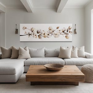 Boho Horizontal Wall Art, Farmhouse Cotton Plant Painting Canvas Print - Retro Panoramic Art, Neutral Bedroom Art Over Bed Ready To Hang