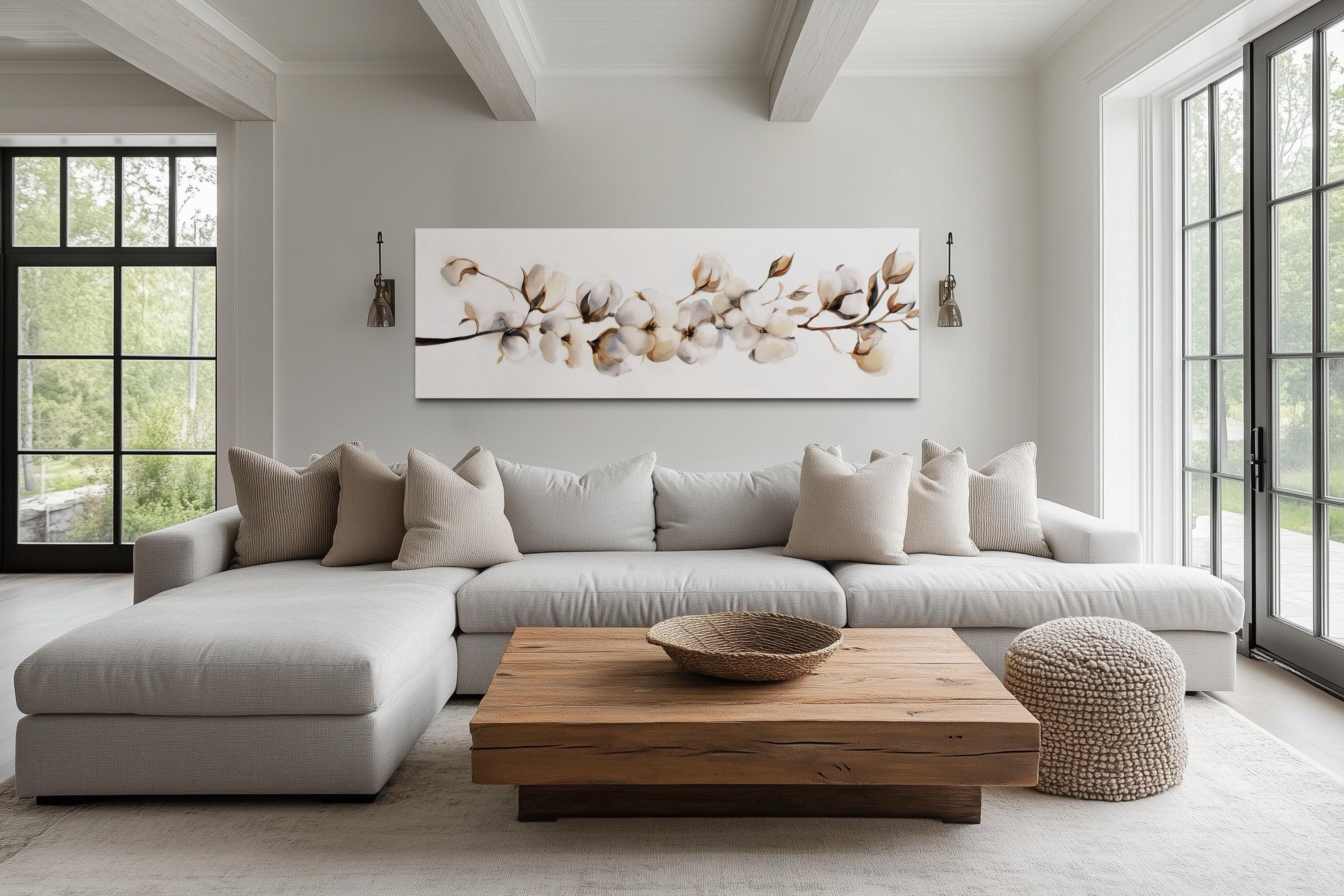 Boho Horizontal Wall Art, Farmhouse Cotton Plant Painting Canvas