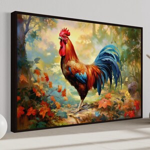 a large, colorful painting of a rooster standing in a lush, forested area. The rooster is surrounded by vibrant foliage and flowers, creating a lively and picturesque scene. The painting is displayed on a wall, and there are two white vases placed next to it, adding a touch of elegance to the overall composition.