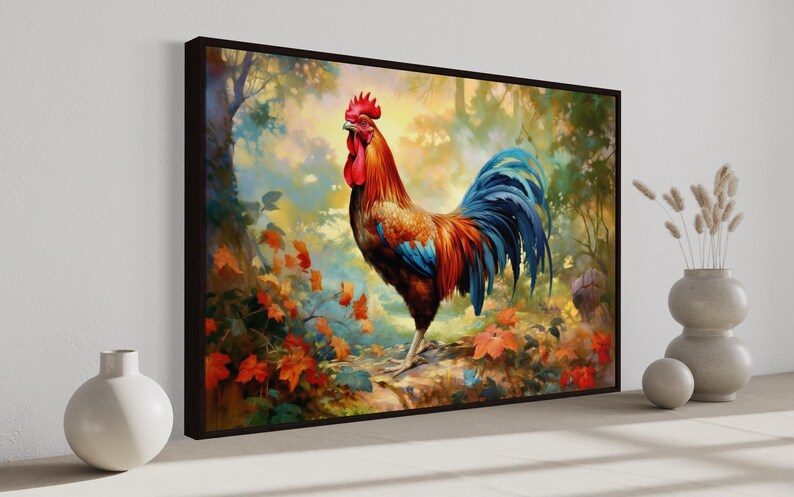 a large, colorful painting of a rooster standing in a lush, forested area. The rooster is surrounded by vibrant foliage and flowers, creating a lively and picturesque scene. The painting is displayed on a wall, and there are two white vases placed next to it, adding a touch of elegance to the overall composition.
