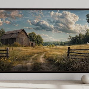 a serene rural landscape with a large wooden barn, a dirt path leading to the barn, and a fence in the foreground. The sky is filled with clouds, and the scene is surrounded by trees and grass.