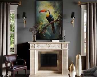 Toucan In The Rainforest Wall Art, Tropical Bird Painting Canvas Print Framed  Ready To Hang