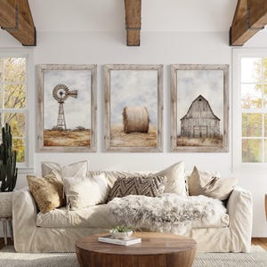 Farmhouse Wall Art Set of Three Rustic Farm PRINTs - Painting of Windmill, Old Barn, Hay Bale Print on Canvas Gallery Wall Art