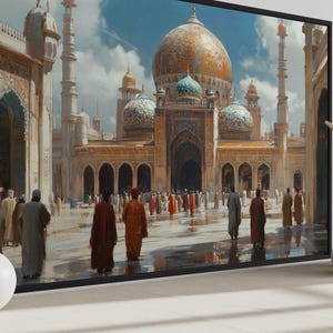 Middle Eastern Mosque Wall Art, Vibrant Islamic Cultural Scene Painting Canvas Print Framed Ready To Hang