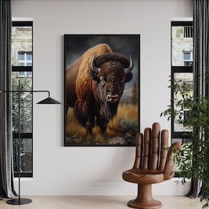 American Bison In Prairie Wall Art, Abstract Buffalo Painting Extra Large Canvas PRINT, Man Cave, Southwestern Decor, Framed Ready To Hang