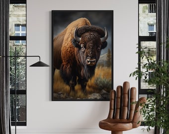 American Bison In Prairie Wall Art, Abstract Buffalo Painting Extra Large Canvas PRINT, Man Cave, Southwestern Decor, Framed Ready To Hang